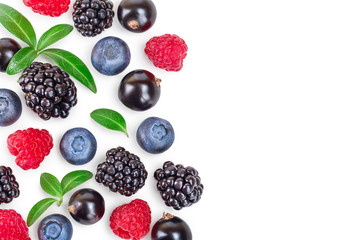 blackberry blueberry raspberry black currant isolated on white background with copy space for your text. Top view. Flat lay pattern