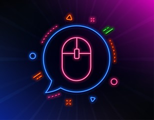 Ð¡omputer Mouse icon. Neon laser lights. Internet surf device sign. PC equipment symbol. Glow laser speech bubble. Neon lights chat bubble. Banner badge with computer Mouse icon. Vector