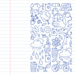 Vector logo, design and badge in trendy drawing style - zero waste concept, recycle and reuse, reduce - ecological lifestyle and sustainable developments icons on monochrome style.