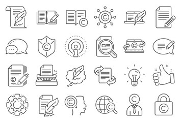Copywriting book line icons. Set of Copyright protection, Signature and Feedback icons. Typewriter, Idea and message copywriting. Write book, legal copyright, content author. Light bulb. Vector