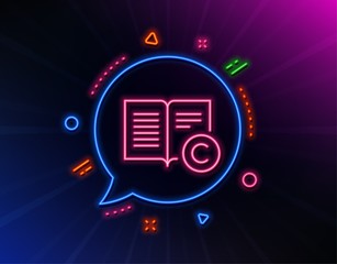 Copyright line icon. Neon laser lights. Copywriting or Book sign. Feedback symbol. Glow laser speech bubble. Neon lights chat bubble. Banner badge with copyright icon. Vector