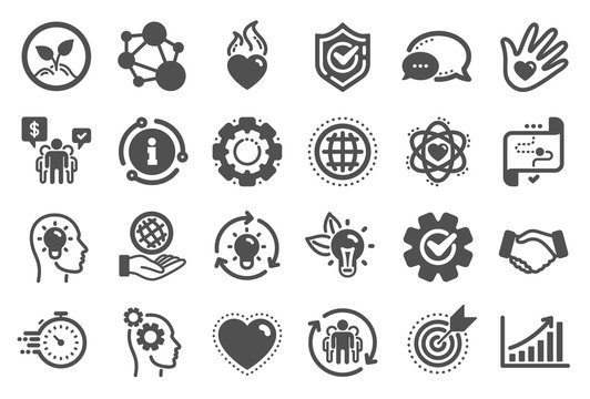 Core values icons. Integrity, Target purpose and Strategy. Trust handshake, social responsibility, commitment goal icons. Growth chart, innovation, core values network. Quality set. Vector