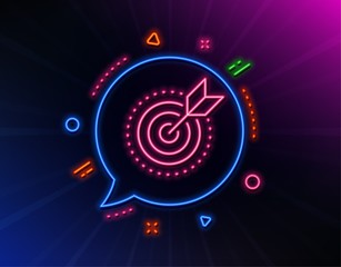 Target purpose line icon. Neon laser lights. Stratery goal sign. Core value symbol. Glow laser speech bubble. Neon lights chat bubble. Banner badge with target purpose icon. Vector
