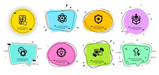 Refresh website, Augmented reality and Time management line icons set. Chat bubbles with quotes. Energy growing, Recovery hdd and Medical shield signs. Idea, Atom symbols. Vector