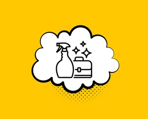 Cleaning spray line icon. Comic speech bubble. Washing liquid or Cleanser symbol. Housekeeping service sign. Yellow background with chat bubble. Cleanser spray icon. Colorful banner. Vector