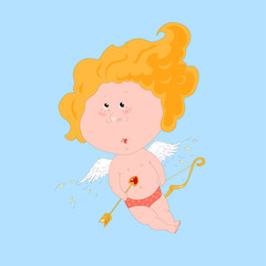 Cute cartoon angel cupidon with bow and arrows flies in the sky. Beautiful character for wedding and Valentines day design.