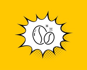 Coffee beans line icon. Comic speech bubble. Hot cappuccino seed sign. Roasted seeds symbol. Yellow background with chat bubble. Coffee beans icon. Colorful banner. Vector