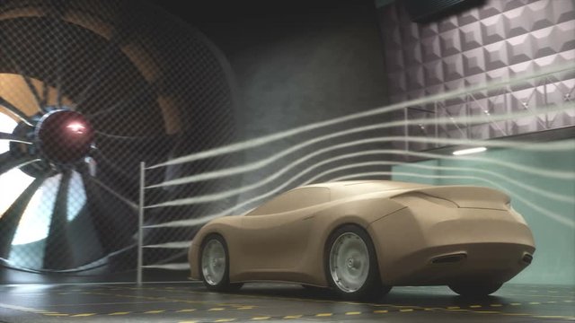 Clay car inside wind tunnel. Design without real car reference and without copyright. Concept sports car, industry of transportation.
