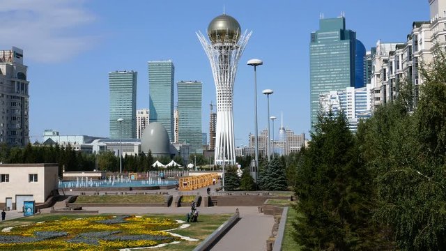 High-rise buildings and architectural monuments in the center of the capital of Kazakhstan, Nur-Sultan.