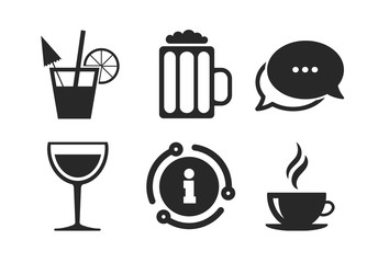 Coffee cup and glass of beer symbols. Chat, info sign. Drinks icons. Wine glass and cocktail signs. Classic style speech bubble icon. Vector