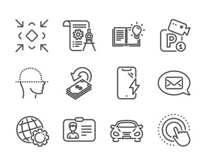 Fototapeta premium Set of Technology icons, such as Globe, Smartphone charging, Product knowledge, Divider document, Parking security, Face scanning, Identification card, Cashback, Click hand, Minimize, Car. Vector