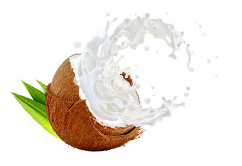 Fresh coconut milk wave 3D splash with coconut isolated. Glossy shining vegan milk, smoothie, non dairy organic coconut milk, cream, shampoo, cosmetic milky splash. Liquid splash label design element