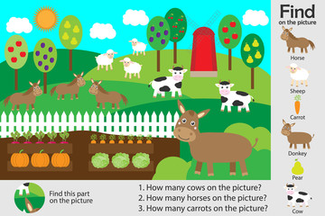 Activity page, farm animals and garden cartoon, find images and answer the questions, visual education game for the development of children, kids preschool activity, worksheet, vector illustration