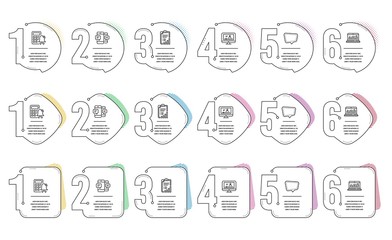Chat message, Checklist and Calculator alarm line icons set. Infographic timeline. Web analytics, Smartphone sms and Online video signs. Speech bubble, Graph report, Accounting. Statistics. Vector