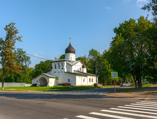 Fototapeta na wymiar Church of the Resurrection from the Stadium. Orthodox Church in Pskov.