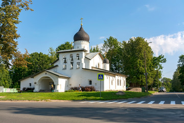 Fototapeta na wymiar Church of the Resurrection from the Stadium. Orthodox Church in Pskov.