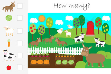 How many counting game, farm animals and garden for kids, educational maths task for the development of logical thinking, preschool worksheet activity, count and write the result, vector illustration