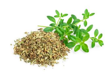 Green thyme with dried thyme leaves isolated on white background close up