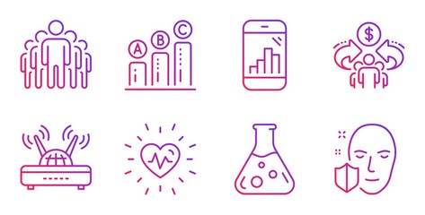 Heartbeat, Chemistry lab and Graph chart line icons set. Group, Graph phone and Sharing economy signs. Wifi, Face protection symbols. Medical heart, Laboratory. Science set. Vector