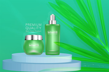 Beauty product ad design, green cosmetic containers with natural concept advertising background ready to use, luxury skin care banner, illustration vector. 