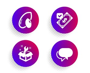 Peanut, Spanner and Accepted payment icons simple set. Halftone dots button. Talk bubble sign. Vegetarian nut, Repair service, Bank transfer. Chat message. Business set. Vector