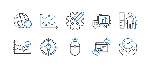 Set of Science icons, such as Graph chart, Idea, Seo analysis, Time zone, Medical analyzes, Swipe up, Refresh website, Cogwheel, Dot plot, Safe time line icons. Growth report, Solution. Vector