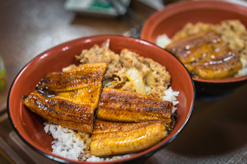 Unadon is a dish originating in Japan. It consists of a donburi type large bowl filled with steamed white rice, and topped with fillets of eel.