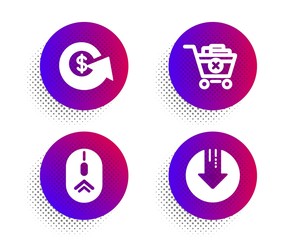 Swipe up, Remove purchase and Dollar exchange icons simple set. Halftone dots button. Download arrow sign. Scrolling page, Delete from cart, Money refund. Crisis. Business set. Vector