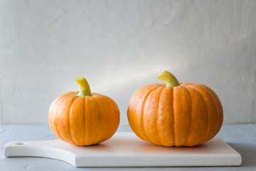 Autumn harvest. Two small orange pumpkins on a gray concrete table.Before Halloween. Copy space, horizontal orientation.