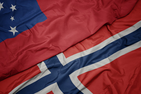 waving colorful flag of norway and national flag of Samoa ,.