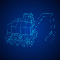 Excavator heavy equipment construction company. Wireframe low poly mesh vector illustration