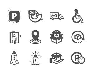 Set of Transportation icons, such as Return package, Location, Parking, Packing boxes, Hold box, Disabled, Elevator, Rocket, 24 hours, Truck transport, Parking time, Lighthouse. Vector