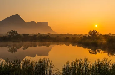 Foto op Aluminium Landschap van de Hanging Lip of Hanglip-bergtop bij zonsopgang met mist die boven een moerasmeer hangt in het Entabeni Safari Game Reserve, de provincie Limpopo, Zuid-Afrika. © SL-Photography
