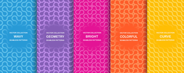 Set of bright vector colorful seamless geometric wavy patterns - creative design. Vibrant curly backgrounds, endless curve textures