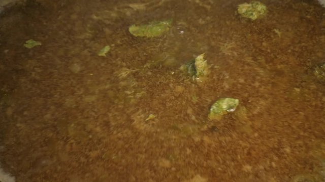 Hops are added to a beer wort that boils during a brewing process
