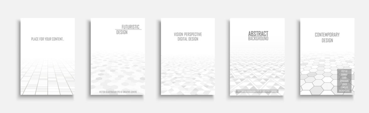 Collection of vector abstract contemporary templates, covers, placards, brochures, banners, flyers, backgrounds and etc. White futuristic tile floor design with perspective and gray geometric shapes.
