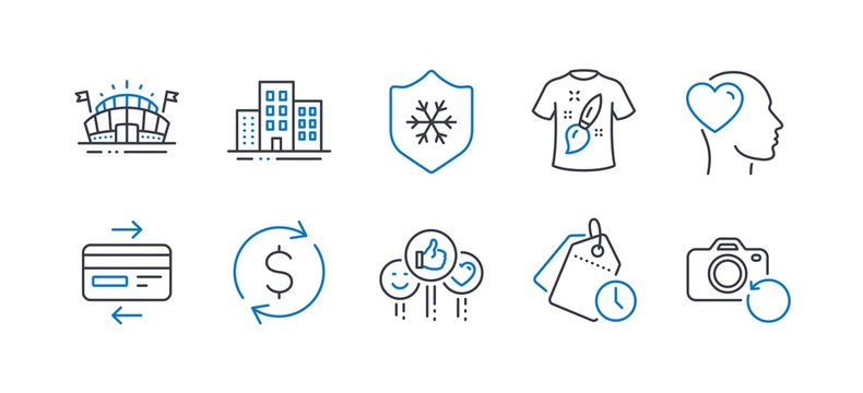 Set of Business icons, such as Sports arena, Time management, Clean skin, Like, Buildings, T-shirt design, Friend, Dollar exchange, Credit card, Recovery photo line icons. Vector