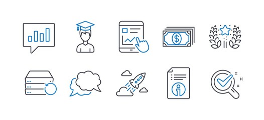 Set of Education icons, such as Startup rocket, Technical info, Payment, Student, Ranking, Chat message, Recovery server, Internet report, Analytical chat, Chemistry lab line icons. Vector