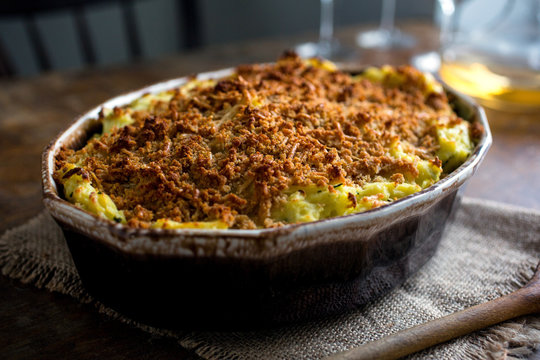 Close up of mashed potato casserole