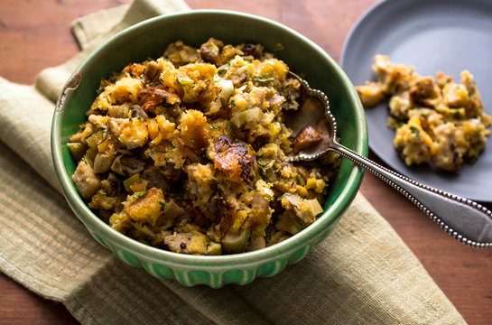 Close up of mushroom and bacon stuffing in bowl