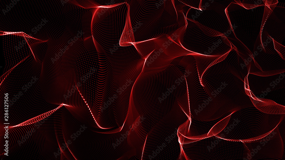Poster music red abstract background. interweaving of atomic particles in space. network connection structu