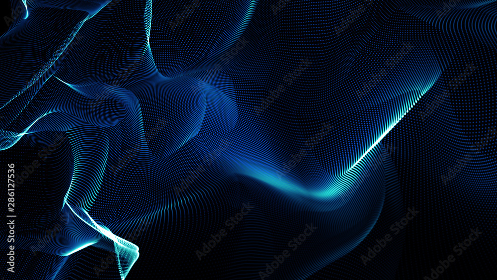 Poster music blue abstract background. interweaving of atomic particles in space. network connection struct