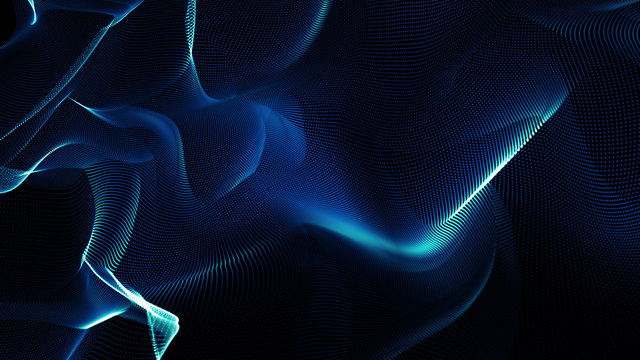 Music blue abstract background. Interweaving of atomic particles in space. Network connection structure. Big data digital background.3d rendering.