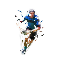 Rugby player running with ball in hands, front view. Isolated low polygonal vector illustration