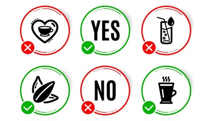 Water glass, Love coffee and Sunflower seed icons simple set. Yes no check box. Latte sign. Soda drink, Cappuccino mug, Vegetarian food. Tea glass mug. Food and drink set. Water glass icon. Vector