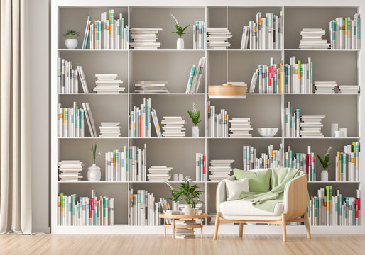 Modern, Scandinavian style interior with book shelf full of books. Minimalist interior design. 3D illustration.