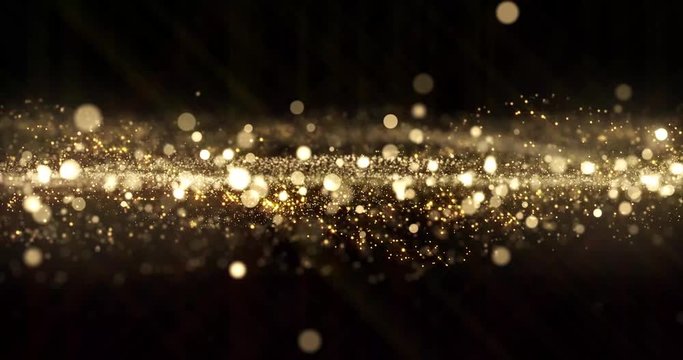 Gold glitter particles wave background, shining gold sparks and yellow glittery bokeh light. Gold glow and shimmering sparkles shine, abstract magic bright sparks in wave motion