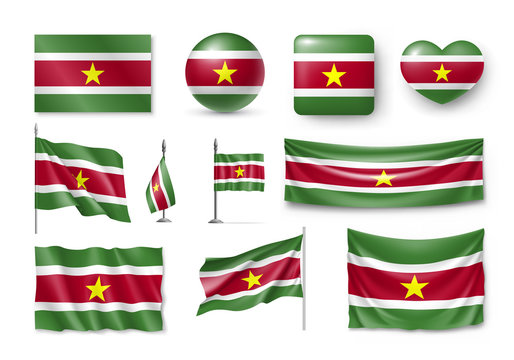 Various flags of Suriname independent country set. Realistic waving national flag on pole, table flag and different shapes badges. Patriotic surinamese official symbols isolated vector illustration.