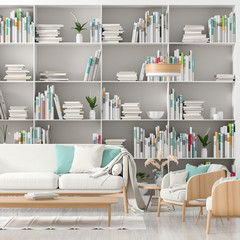 Modern, Scandinavian style interior with book shelf full of books. Minimalist interior design. 3D illustration. © Salih
