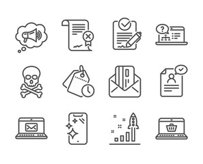 Set of Technology icons, such as Rfp, Smartphone clean, Online shopping, Reject certificate, Megaphone, E-mail, Credit card, Development plan, Chemical hazard, Resume document, Online help. Vector